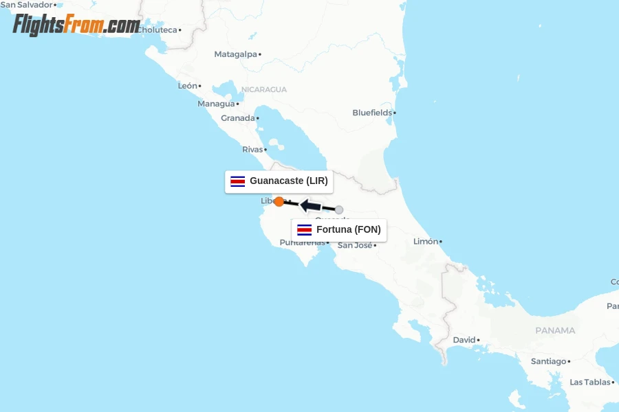 Flights from Fortuna to Guanacaste route map