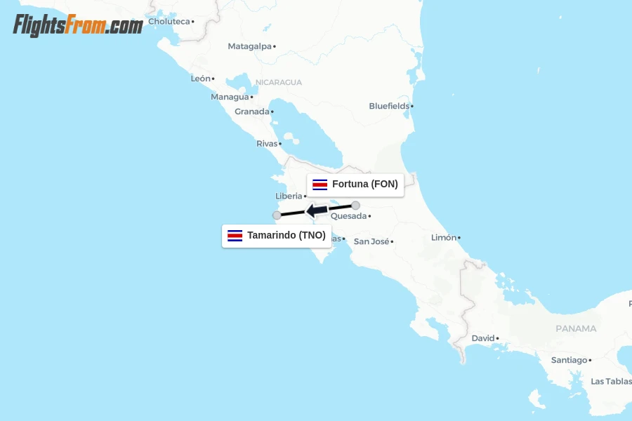 Flights from Fortuna to Tamarindo route map