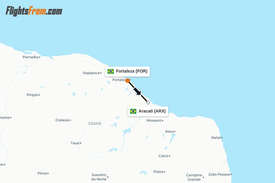 Flights from Fortaleza to Aracati route map