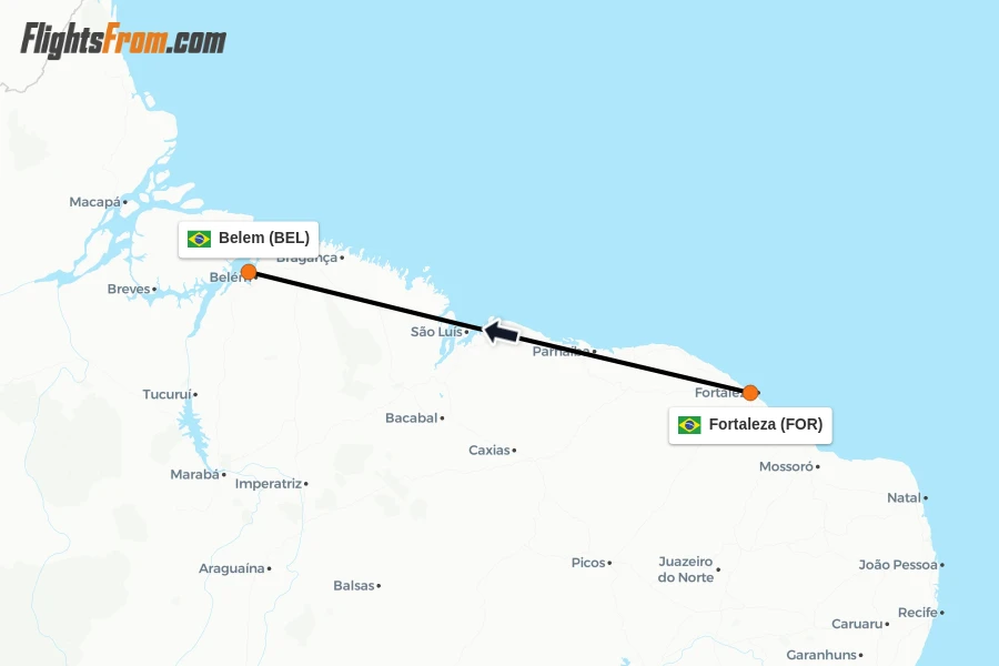 Flights from Fortaleza to Belem route map