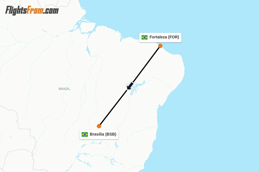 Flights from Fortaleza to Brasilia route map