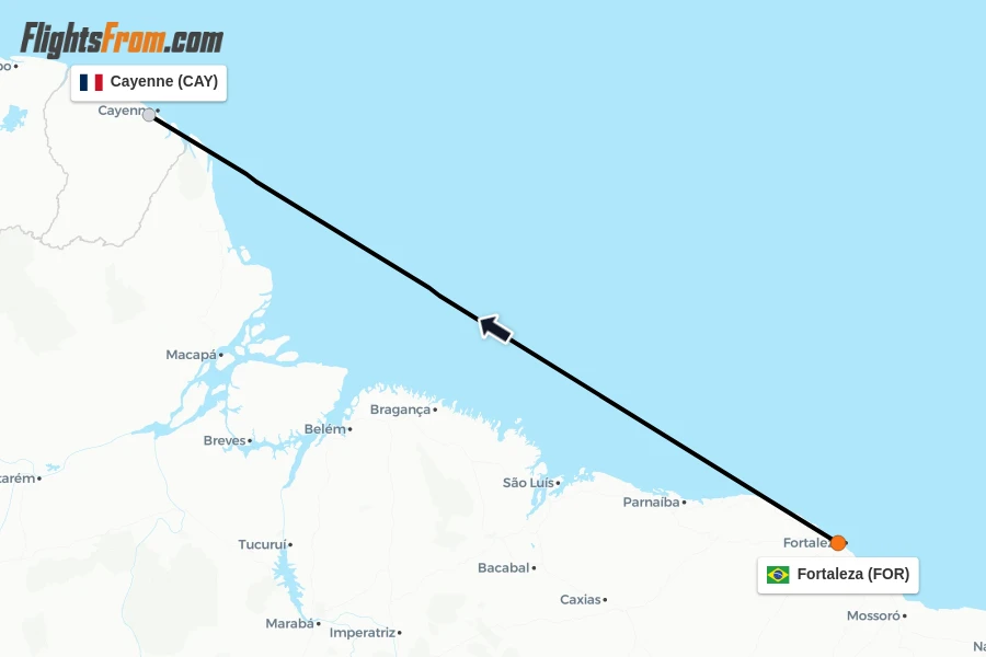 Flights from Fortaleza to Cayenne route map