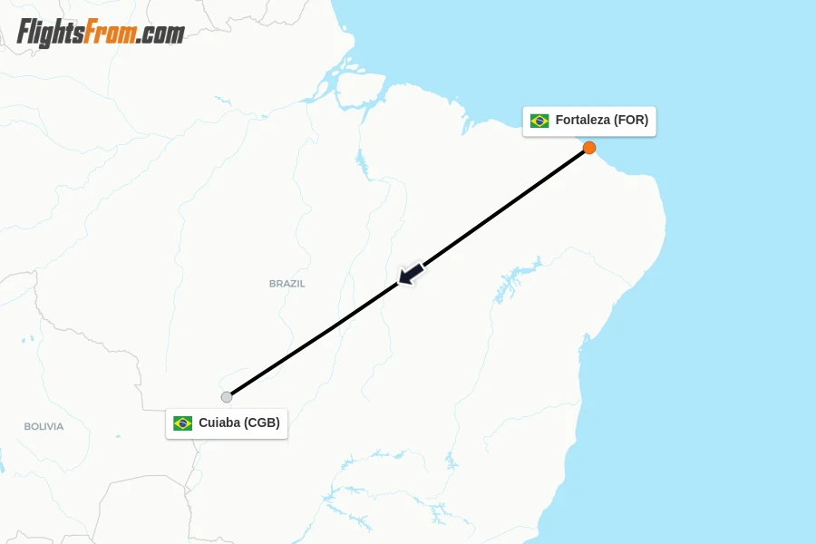 Flights from Fortaleza to Cuiaba route map