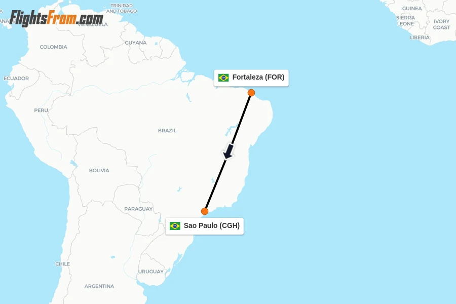 Flights from Fortaleza to Sao Paulo route map
