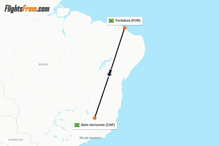 Flights from Fortaleza to Belo Horizonte route map