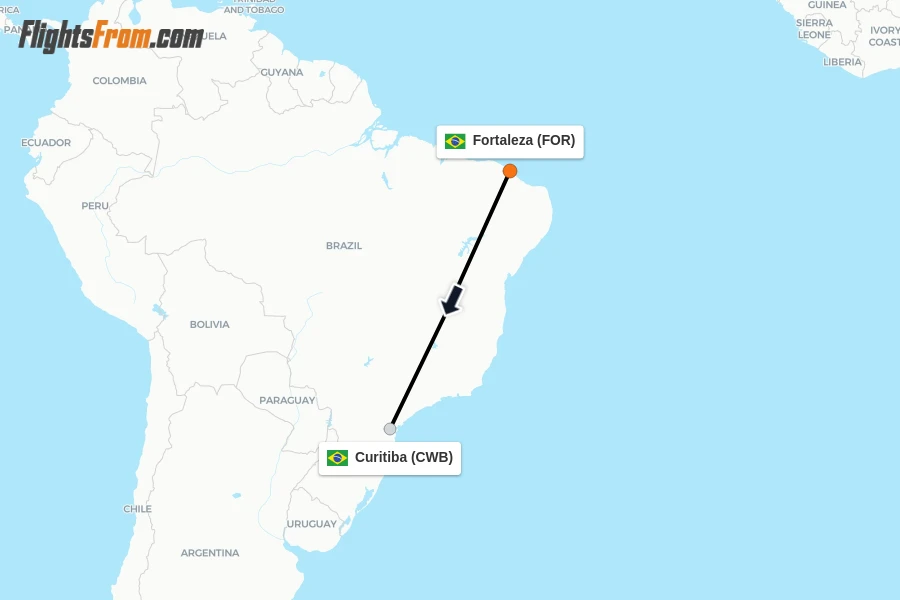 Flights from Fortaleza to Curitiba route map