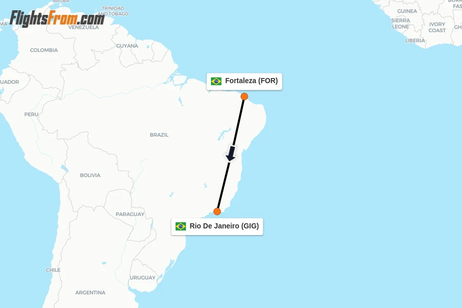Flights from Fortaleza to Rio De Janeiro route map