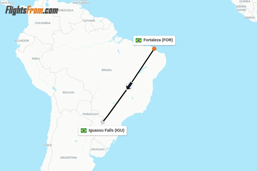 Flights from Fortaleza to Iguassu Falls route map