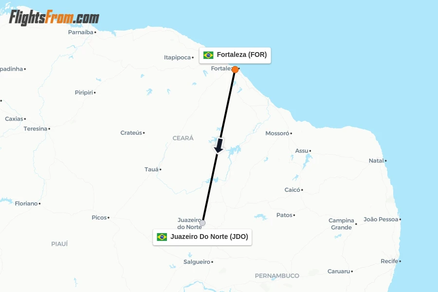 Flights from Fortaleza to Juazeiro Do Norte route map