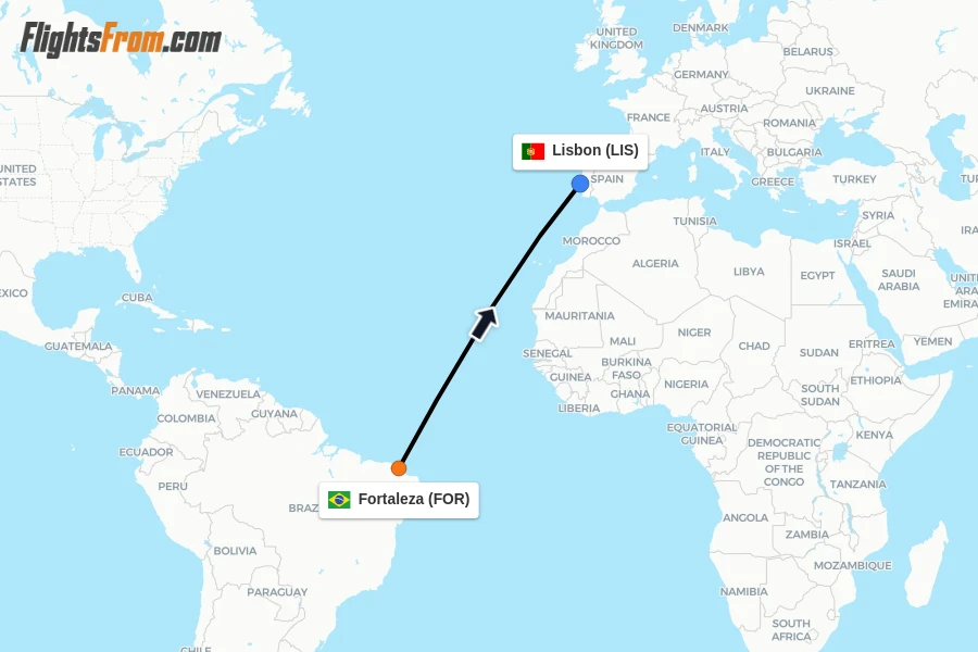 Flights from Fortaleza to Lisbon route map