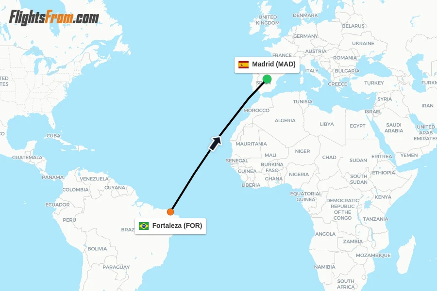 Flights from Fortaleza to Madrid route map