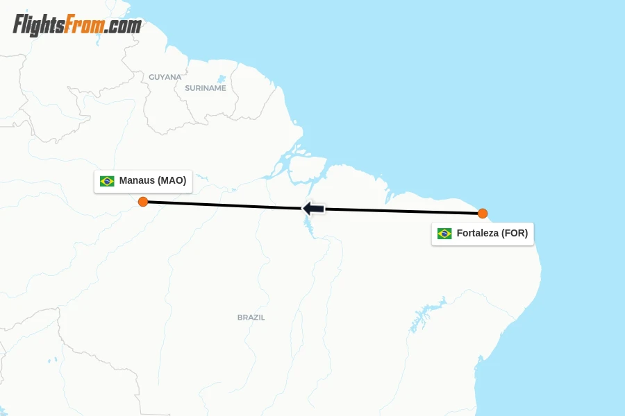 Flights from Fortaleza to Manaus route map