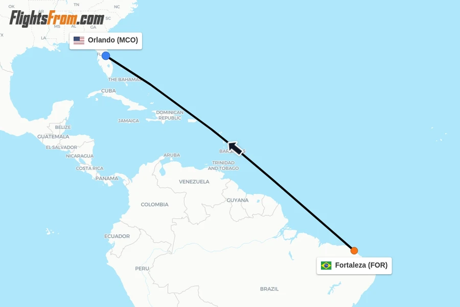 Flights from Fortaleza to Orlando route map