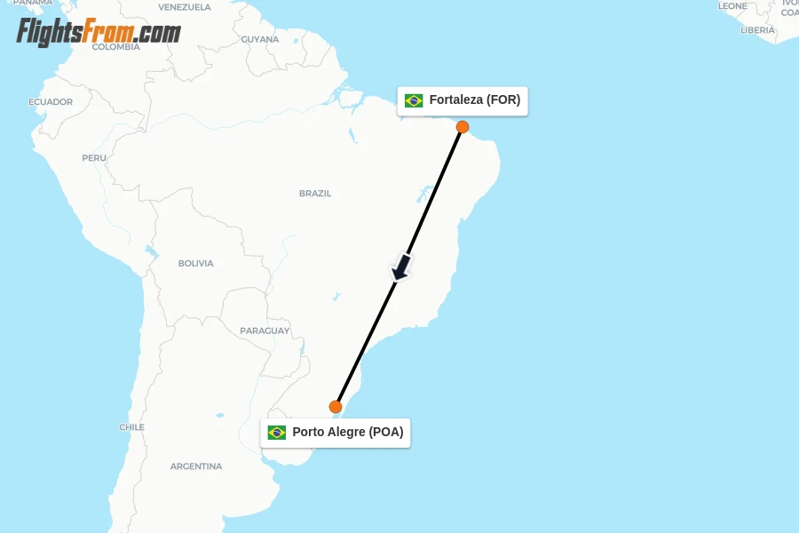 Flights from Fortaleza to Porto Alegre route map