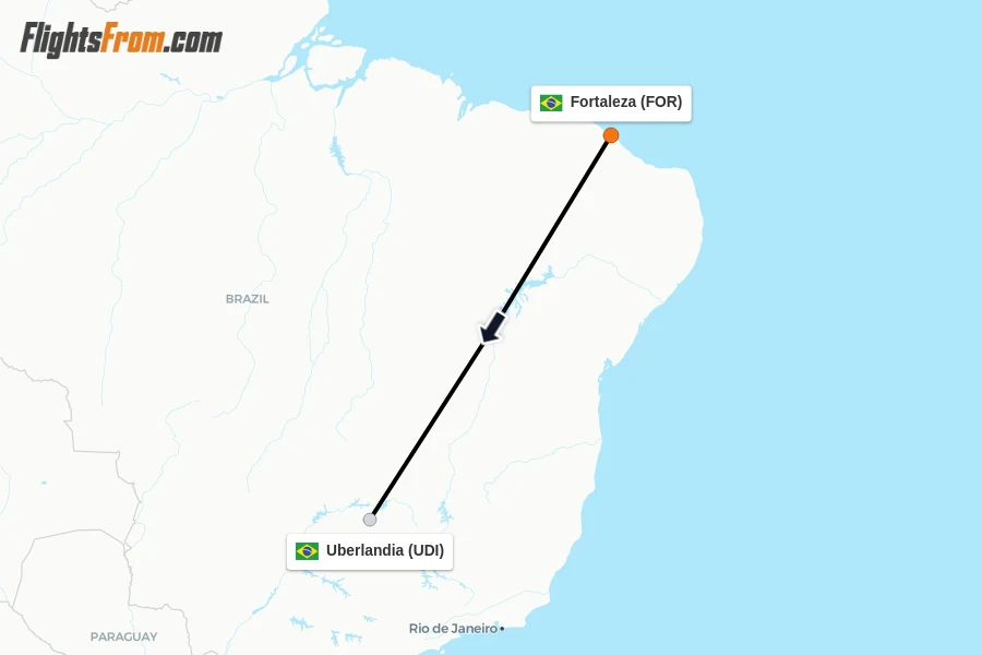 Flights from Fortaleza to Uberlandia route map