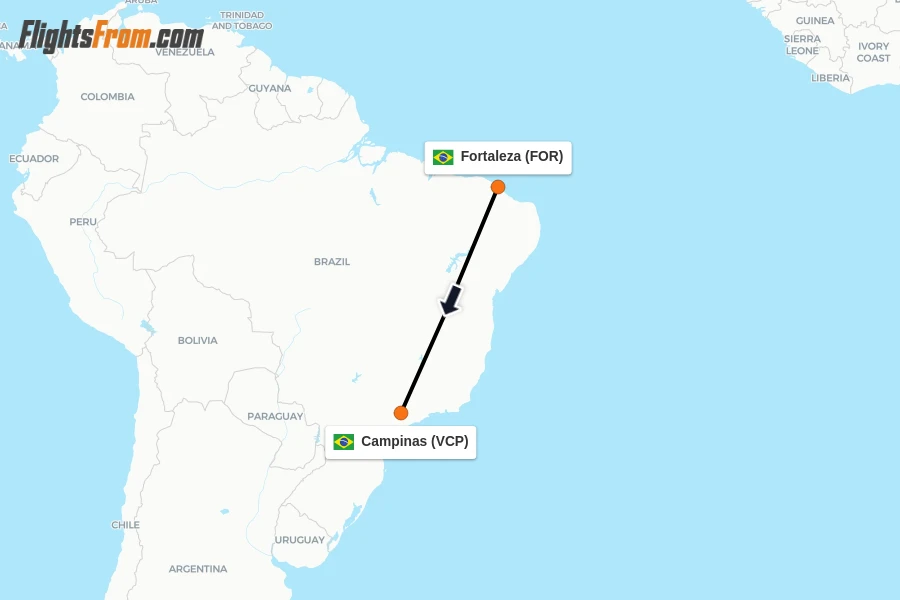 Flights from Fortaleza to Campinas route map