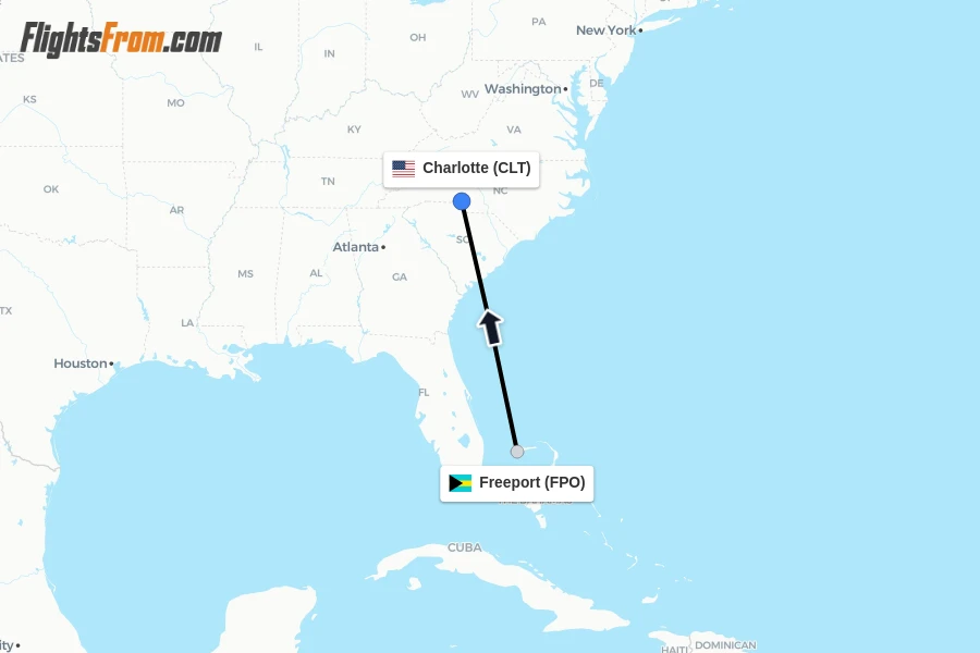 Flights from Freeport to Charlotte route map