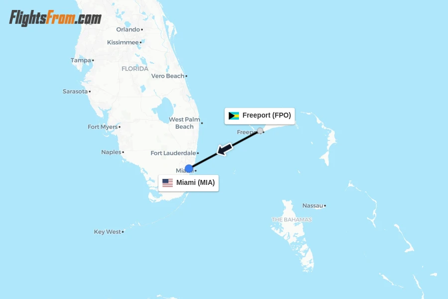 Flights from Freeport to Miami route map