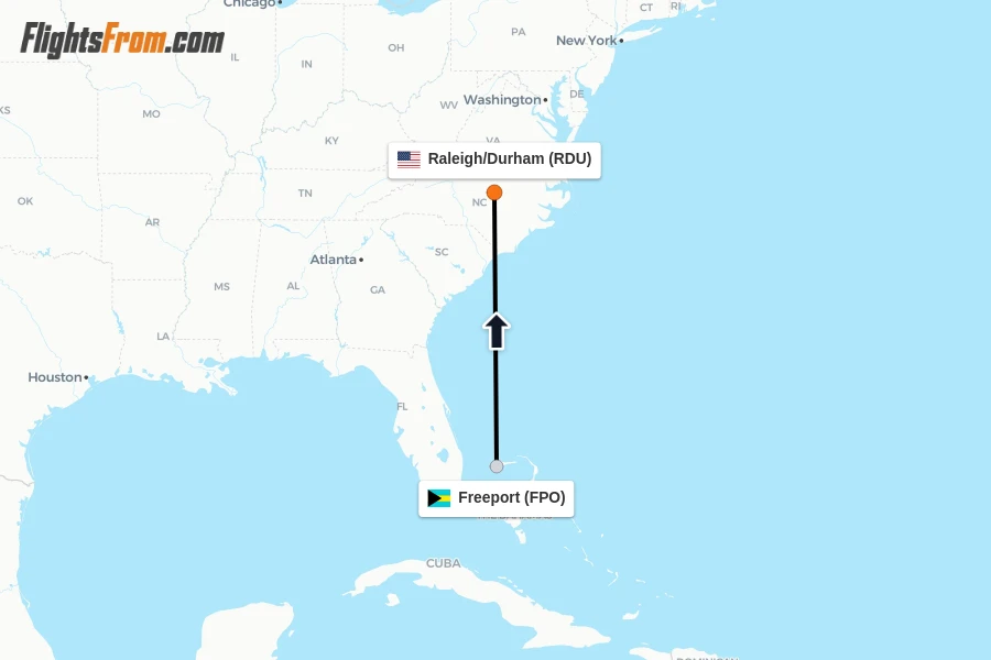 Flights from Freeport to Raleigh/Durham route map