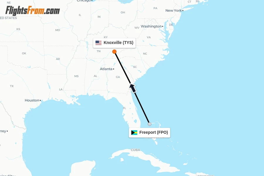 Flights from Freeport to Knoxville route map