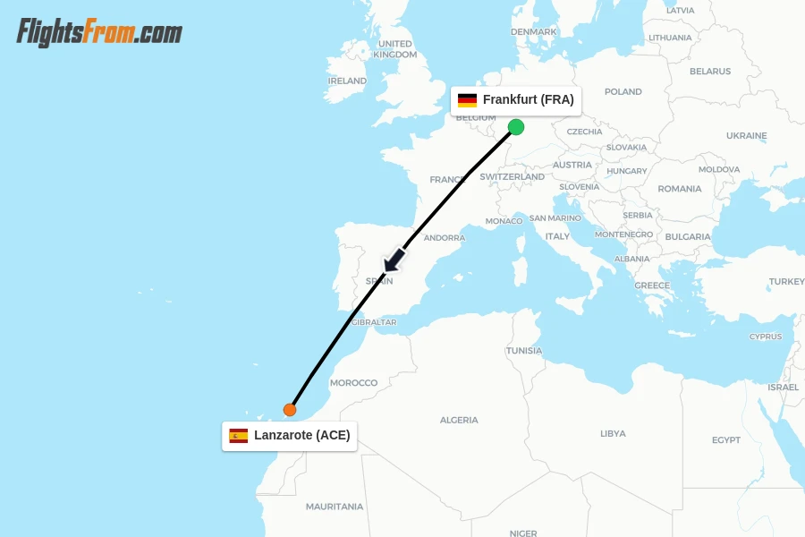 Flights from Frankfurt to Lanzarote route map
