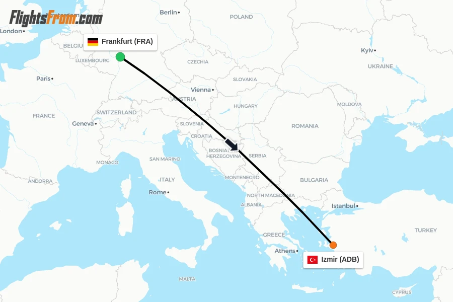 Flights from Frankfurt to Izmir route map