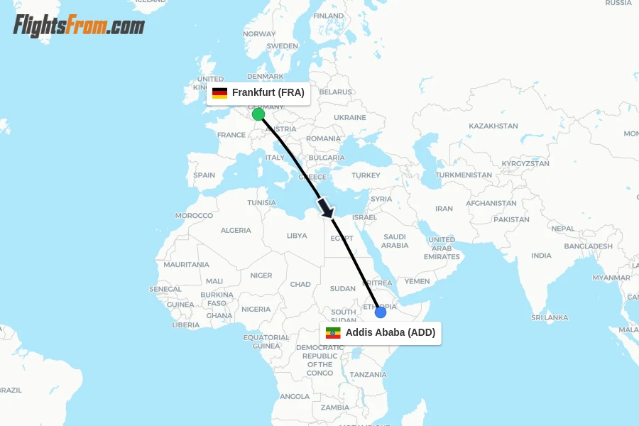 Flights from Frankfurt to Addis Ababa route map