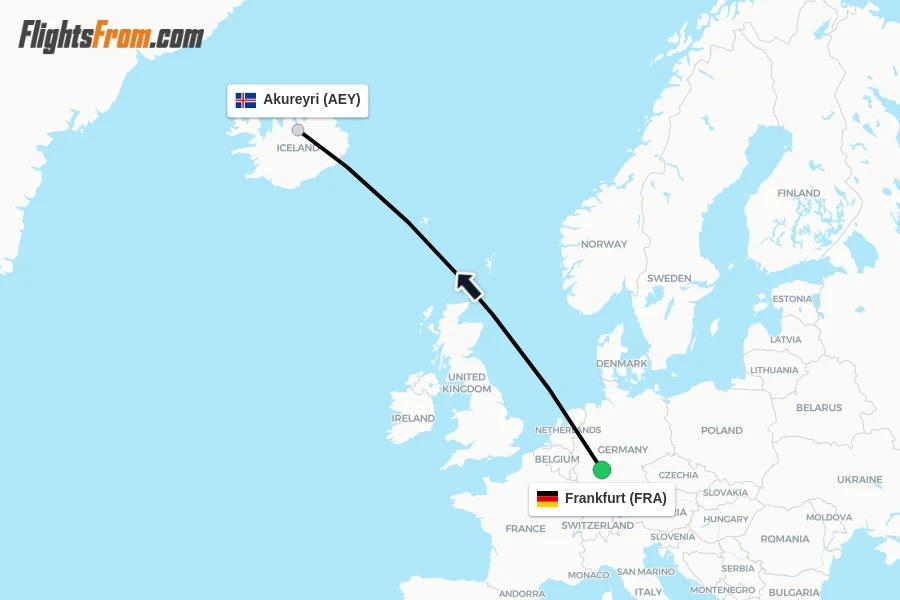 Flights from Frankfurt to Akureyri route map
