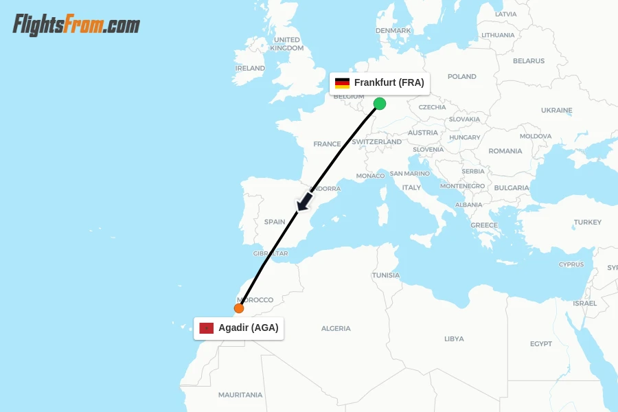 Flights from Frankfurt to Agadir route map