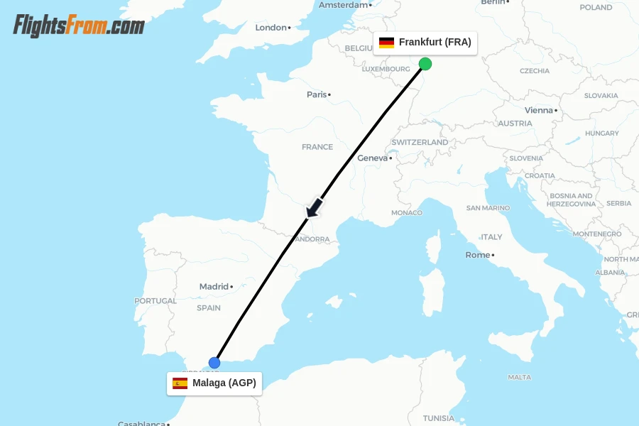 Flights from Frankfurt to Malaga route map