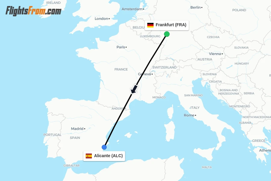 Flights from Frankfurt to Alicante route map