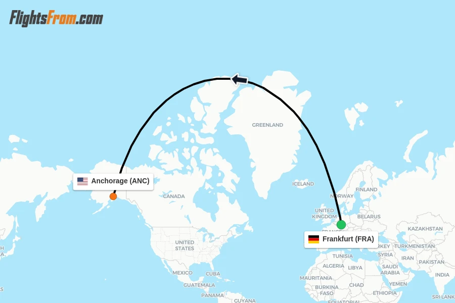 Flights from Frankfurt to Anchorage route map