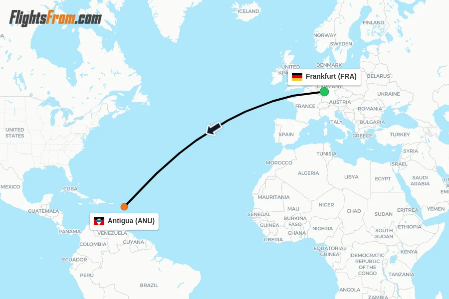 Flights from Frankfurt to Antigua route map