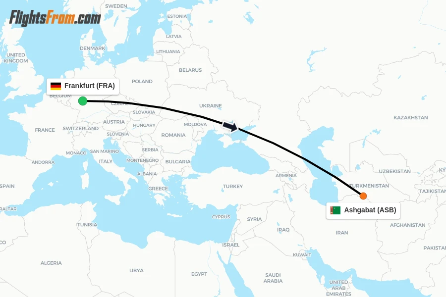 Flights from Frankfurt to Ashgabat route map