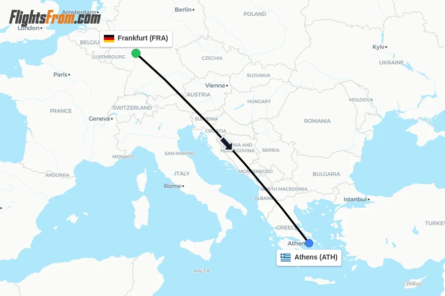 Flights from Frankfurt to Athens route map