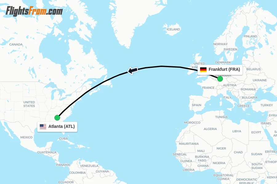 Flights from Frankfurt to Atlanta route map
