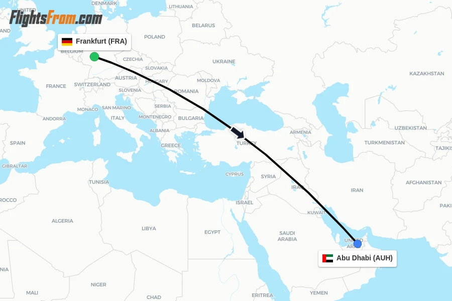 Flights from Frankfurt to Abu Dhabi route map
