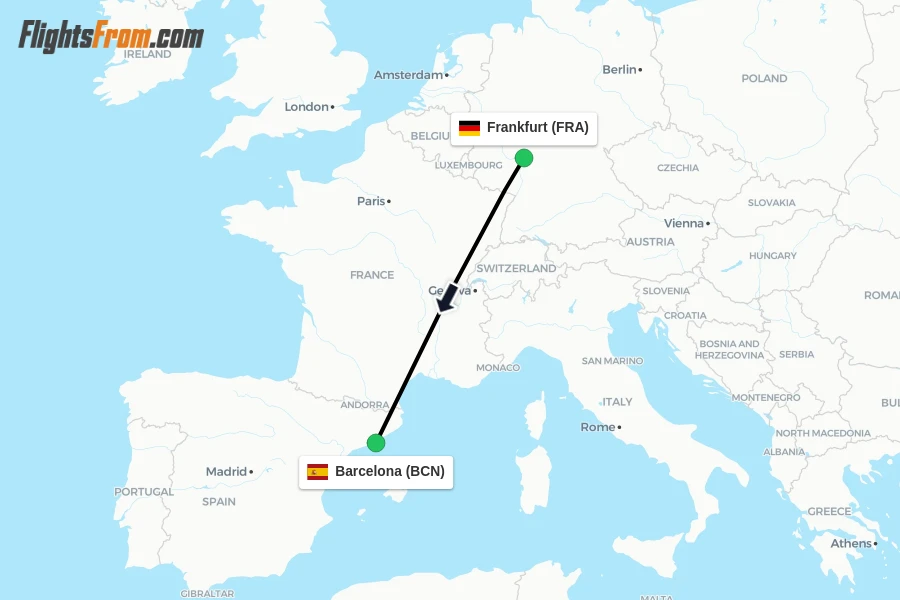 Flights from Frankfurt to Barcelona route map