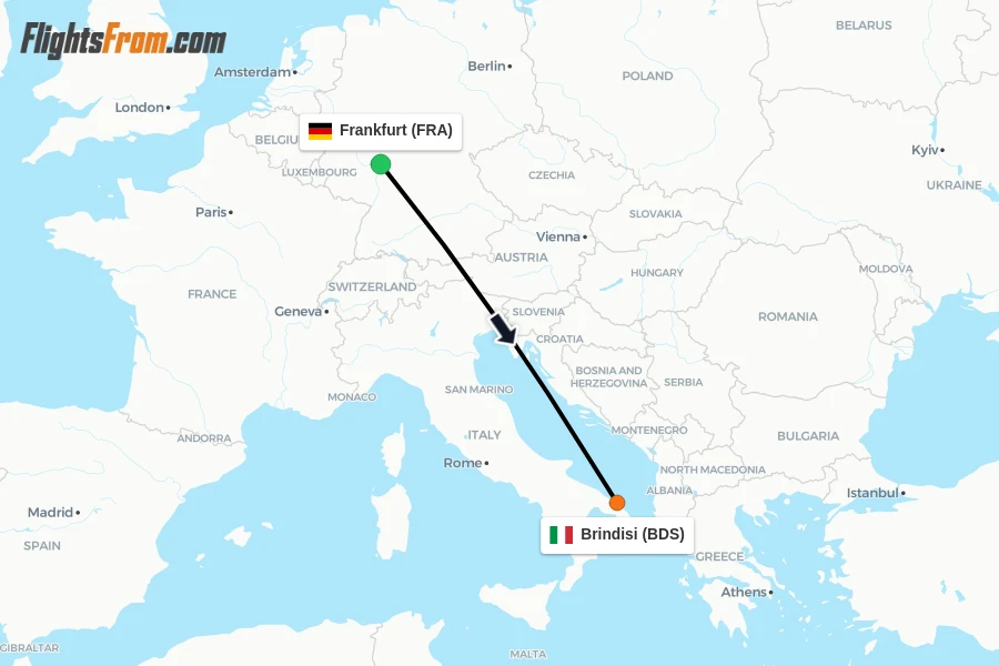 Flights from Frankfurt to Brindisi route map