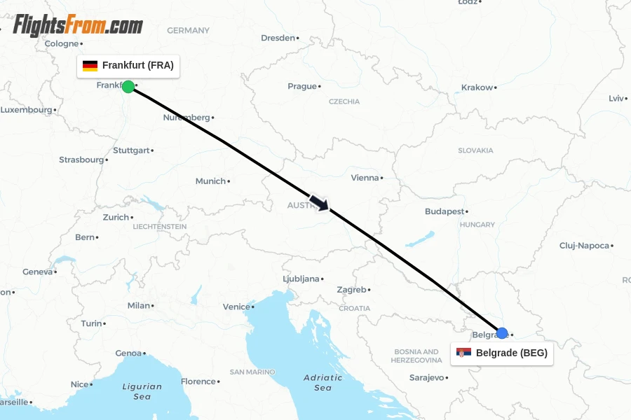 Flights from Frankfurt to Belgrade route map