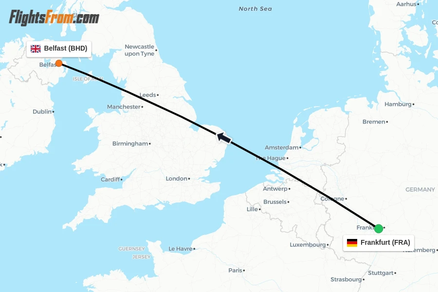 Flights from Frankfurt to Belfast route map