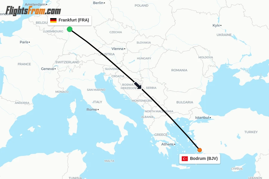 Flights from Frankfurt to Bodrum route map