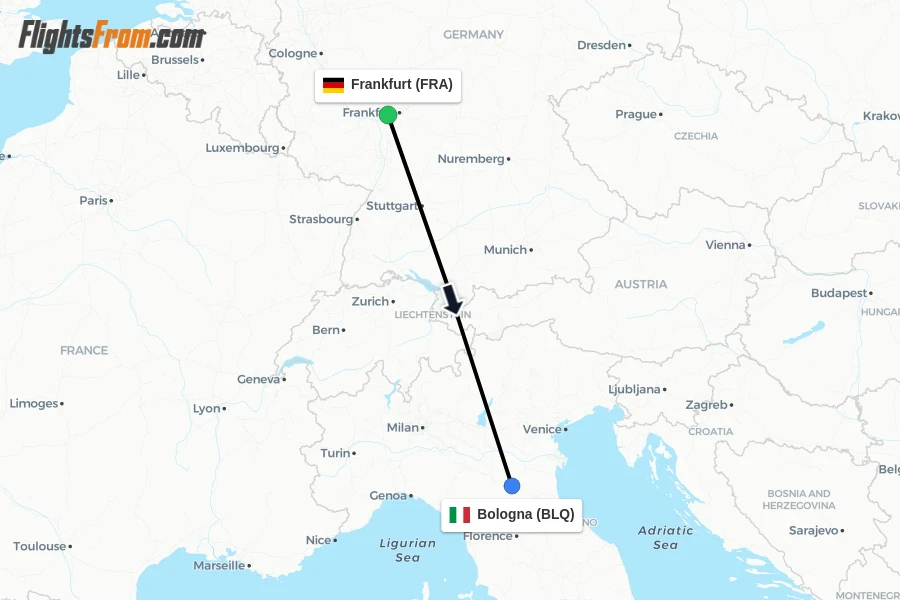 Flights from Frankfurt to Bologna route map