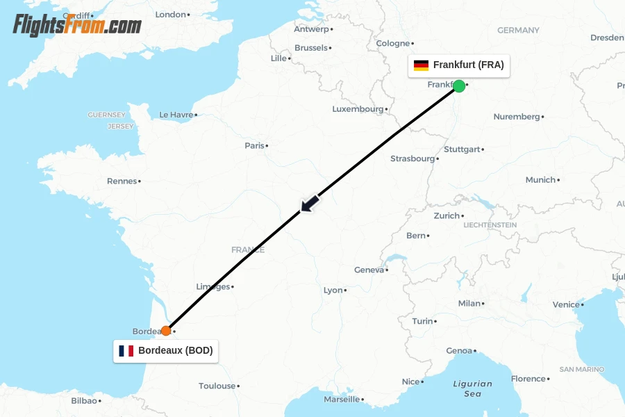 Flights from Frankfurt to Bordeaux route map