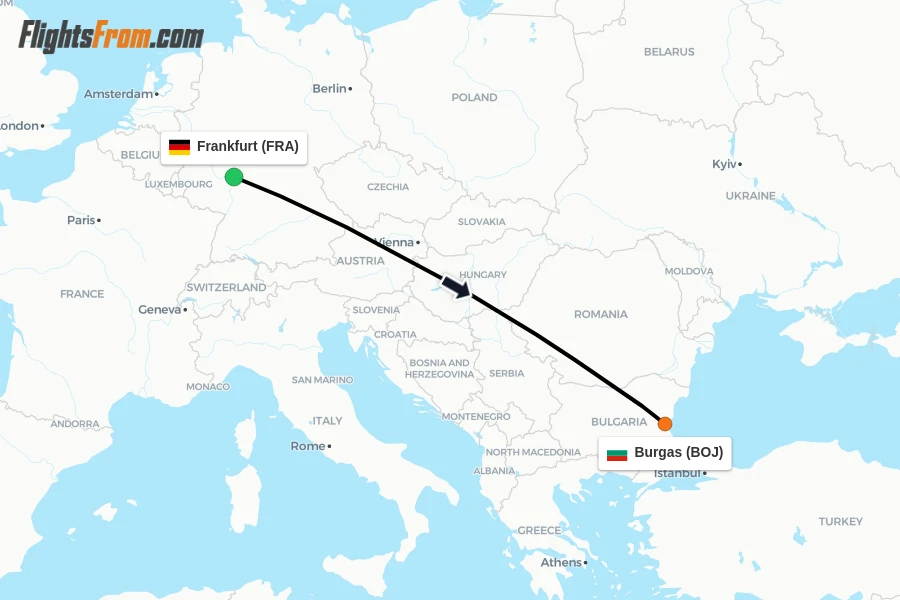 Flights from Frankfurt to Burgas route map
