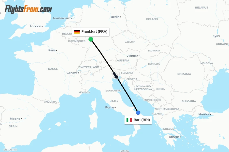 Flights from Frankfurt to Bari route map