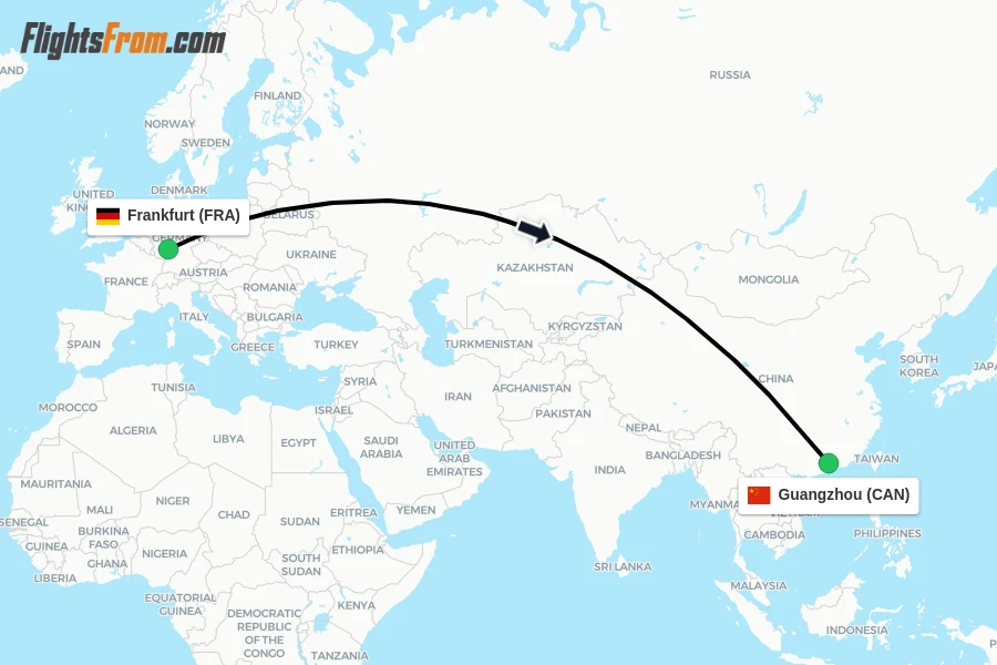 Flights from Frankfurt to Guangzhou route map