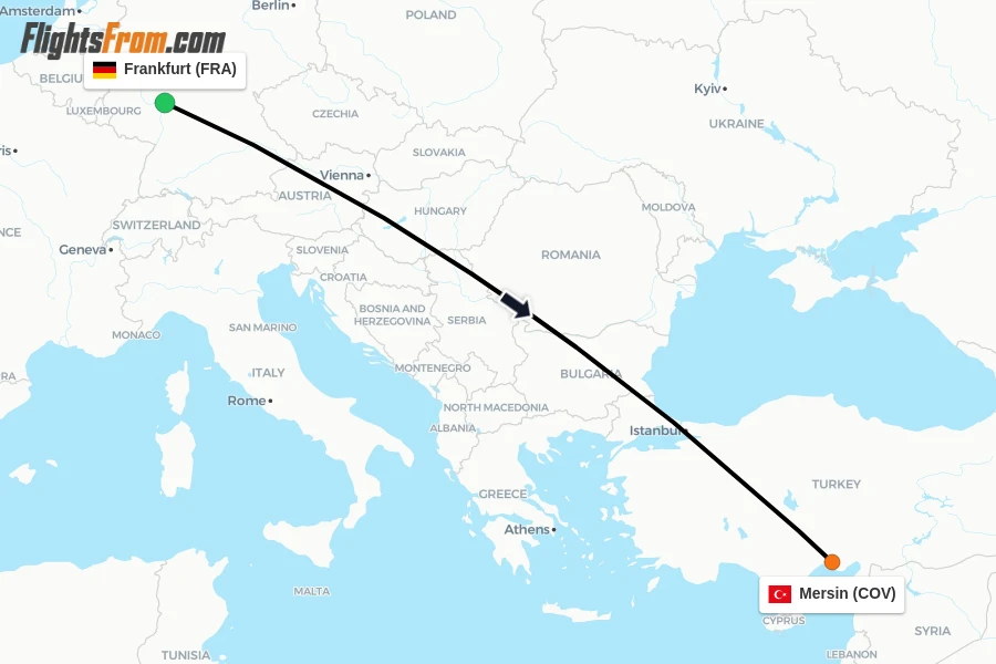 Flights from Frankfurt to Mersin route map