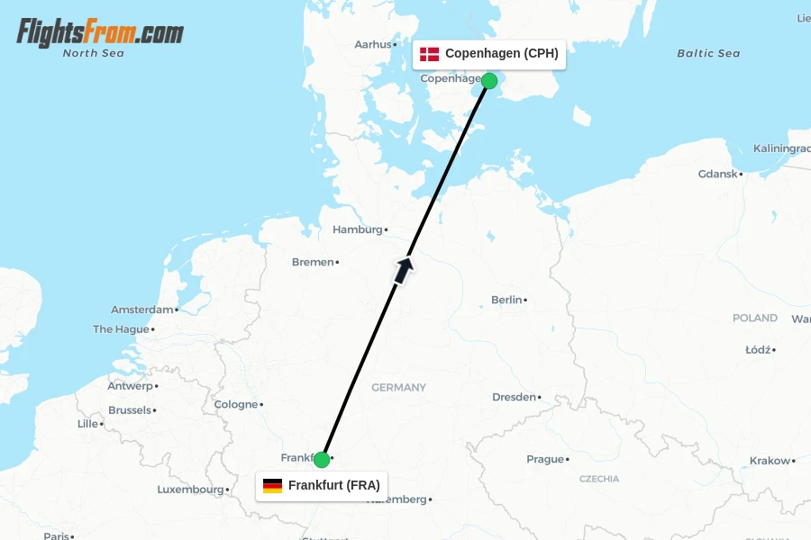 Flights from Frankfurt to Copenhagen route map