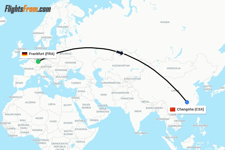Flights from Frankfurt to Changsha route map
